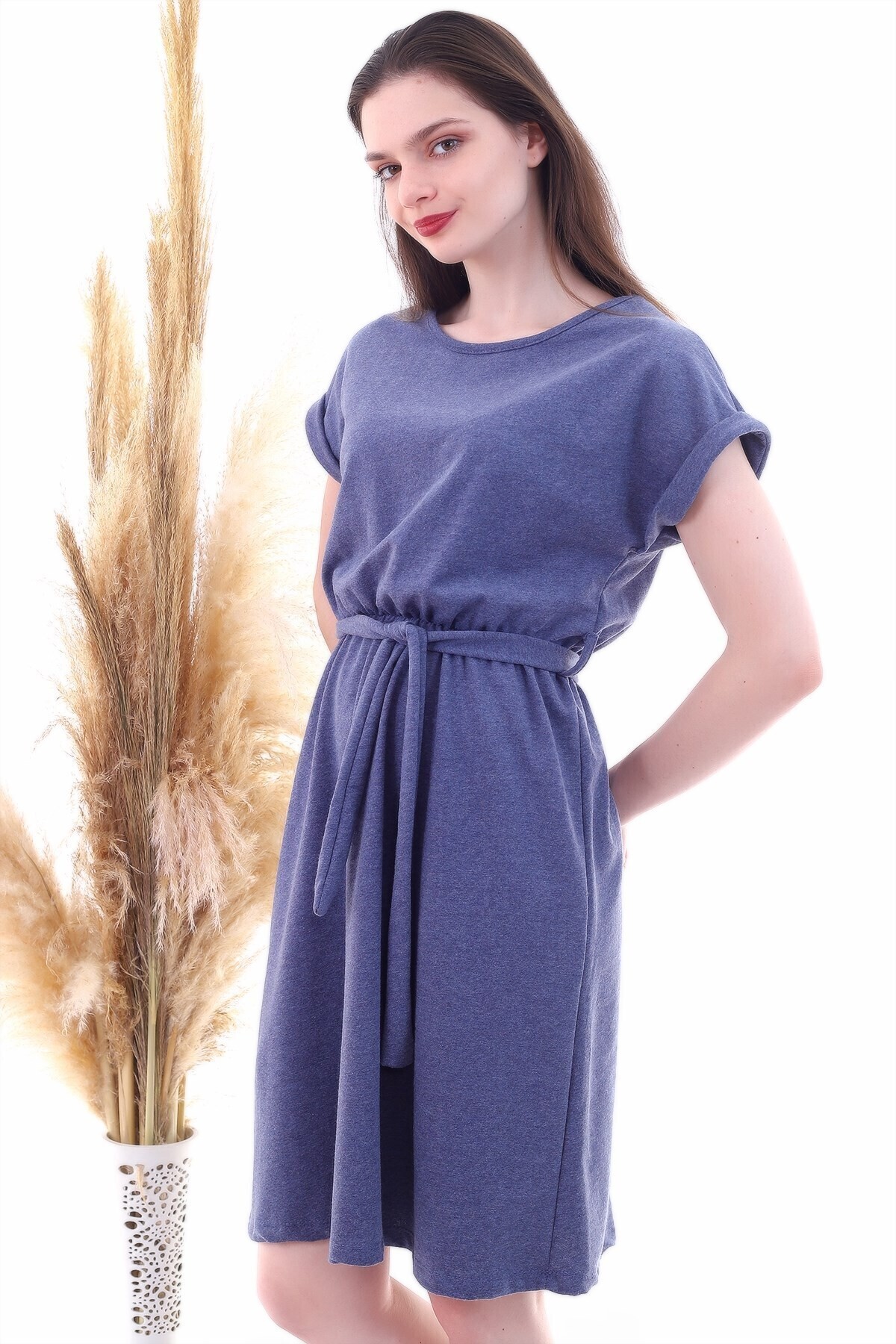 9292931 İkiiplik Beli Lastikli Yarasa Kol Elbise INDIGO