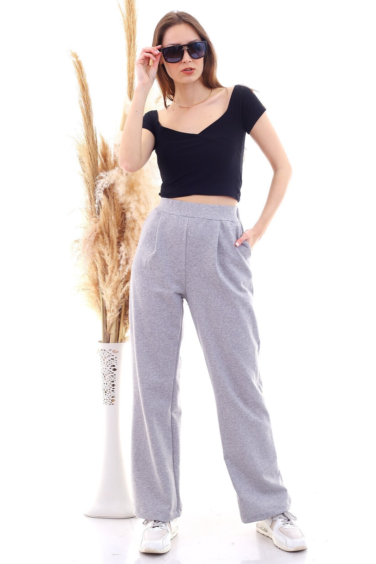 9292933 İkiiplik Cepli Bol Paça Pantolon GRI MELANJ