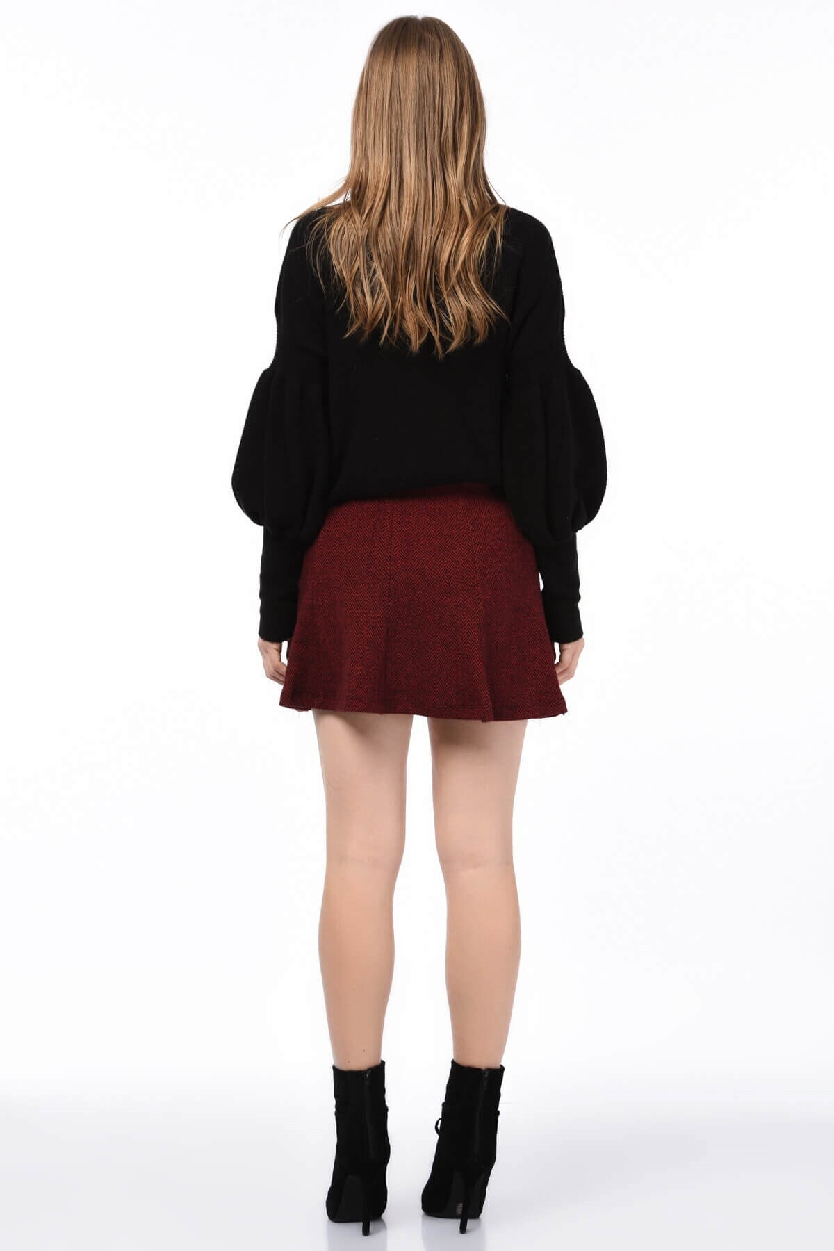 9405180 Balıksırtı Desenli Parçalı Kısa Etek BORDO