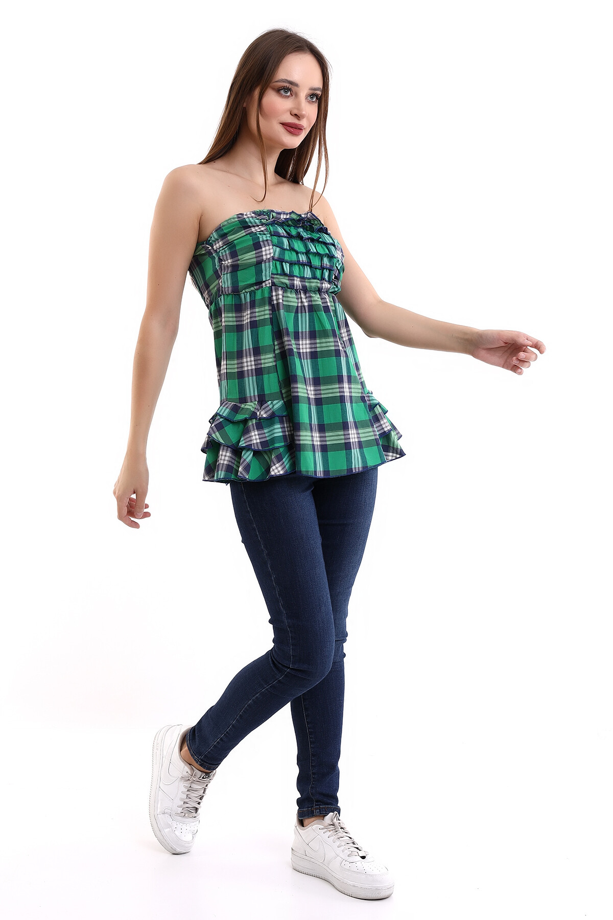 20053022 Straplez Nervürlü Eteği Kat Kat Fırfırlı Bluz YESIL EKOSE