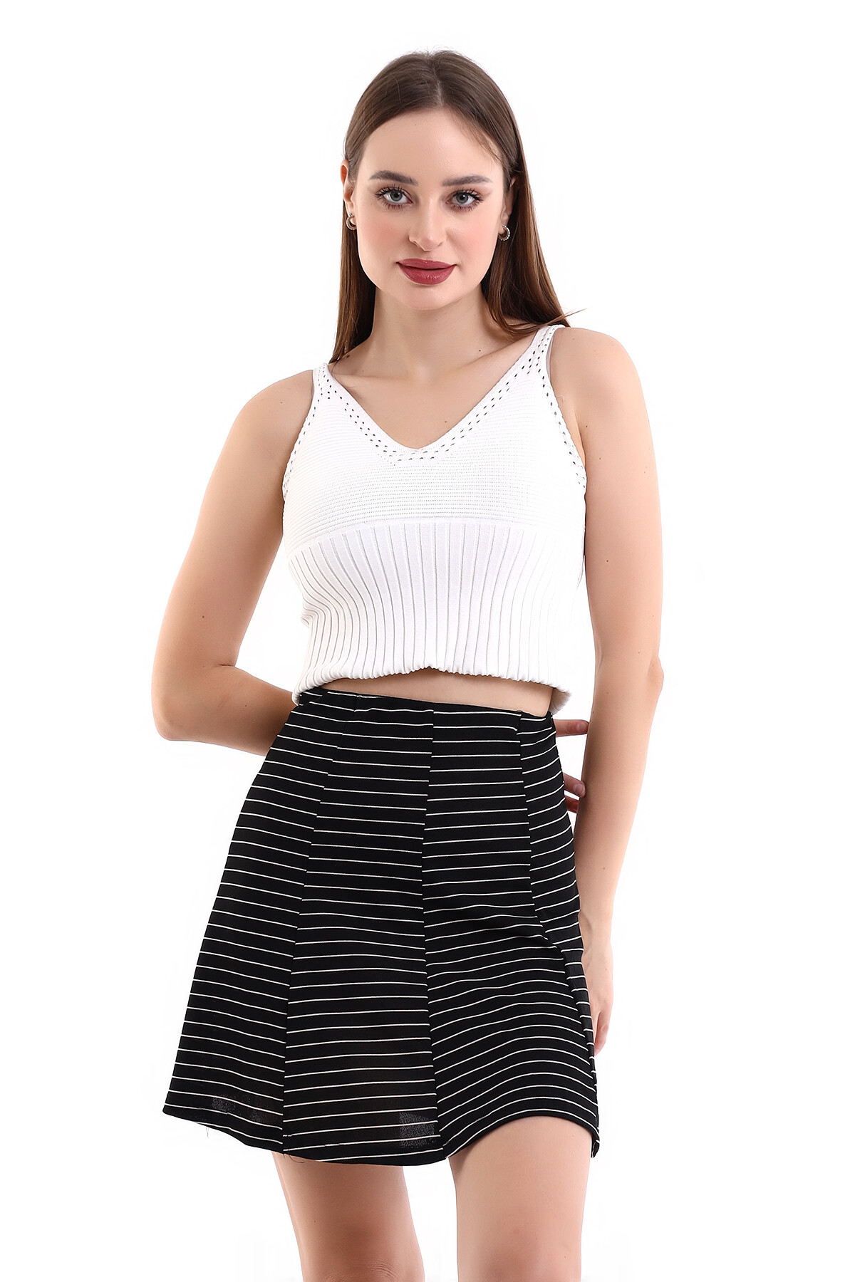 200713174 Örme Krep Desenli Parçalı Kısa Etek SIYAH BEYAZ ENINE ÇIZGI