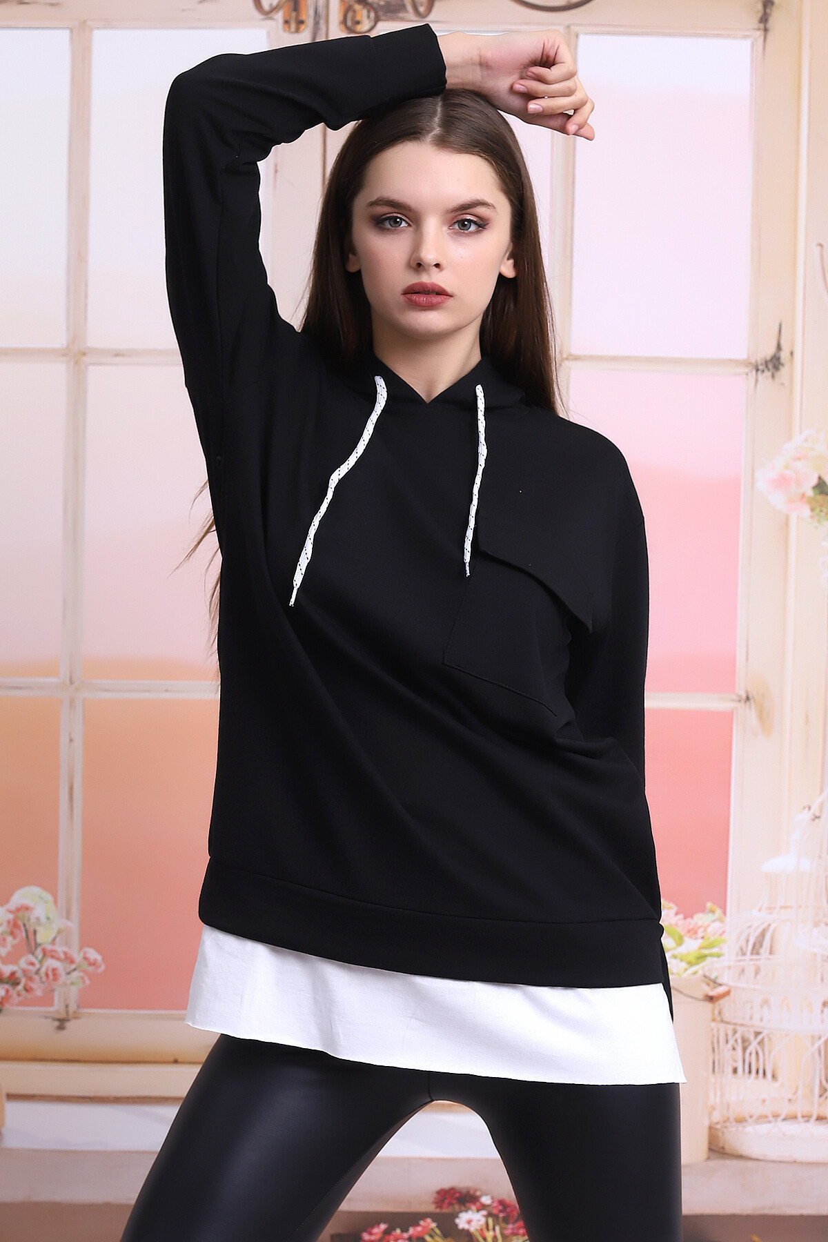 21404011 İkiiplik Kapşonlu Cepli Etek Garnili Uzun Sweatshir SIYAH