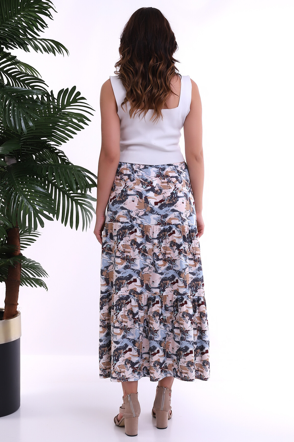 22223803 Dok.Viskon Desenli Çingene Etek MAVI BEJ