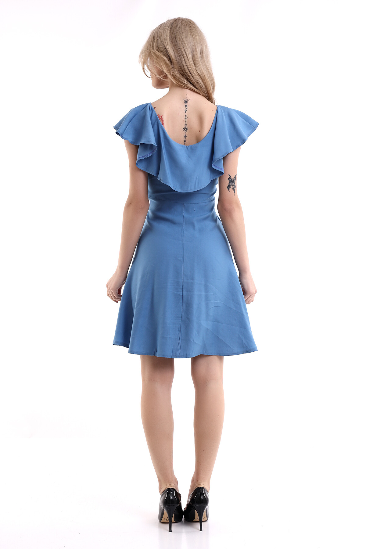 92810155 Bodrum Mendil Yaka Eteği Volanlı Elbise INDIGO