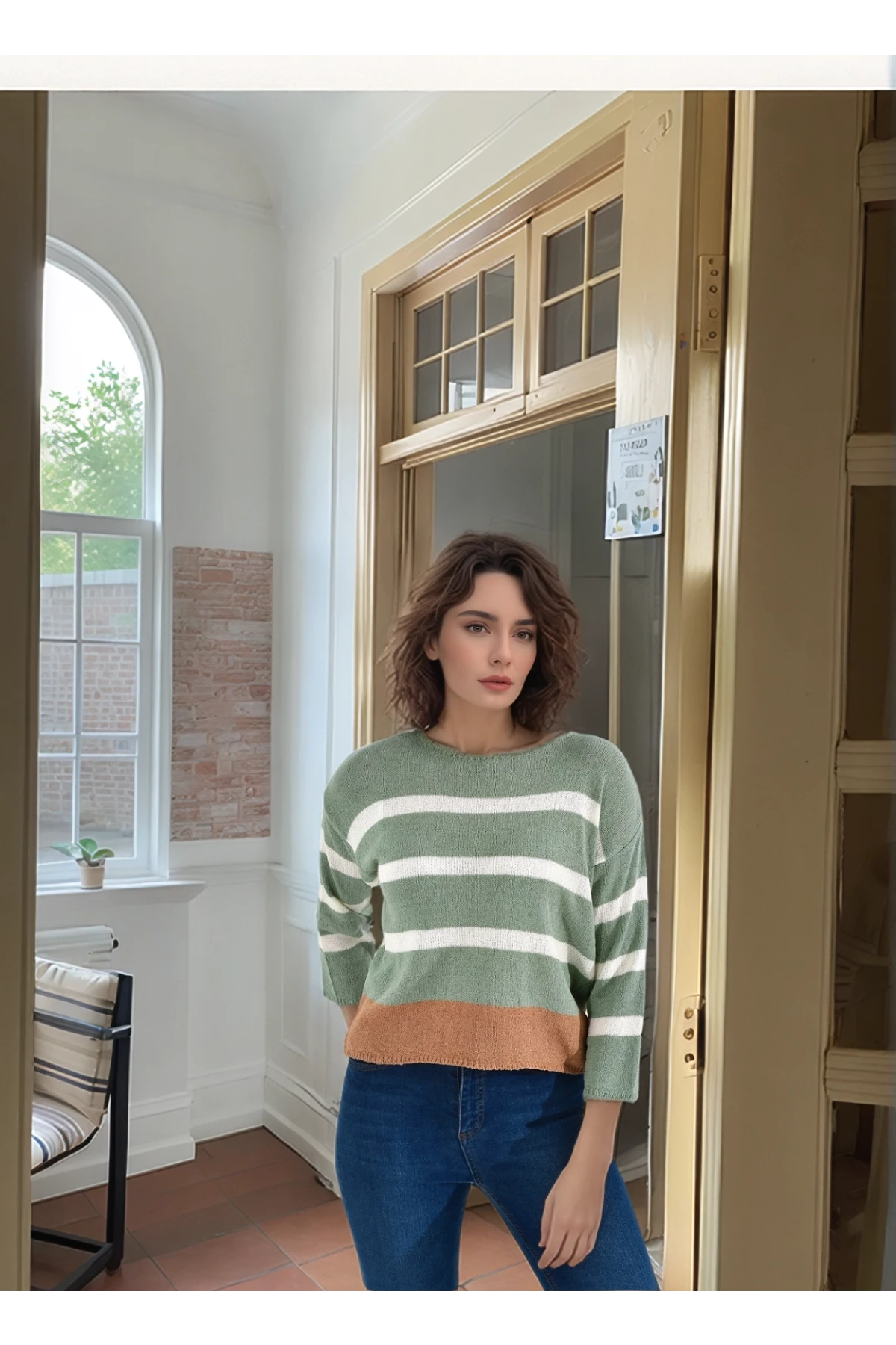 20026185 Triko Çizgili Bluz YESIL-EKRU