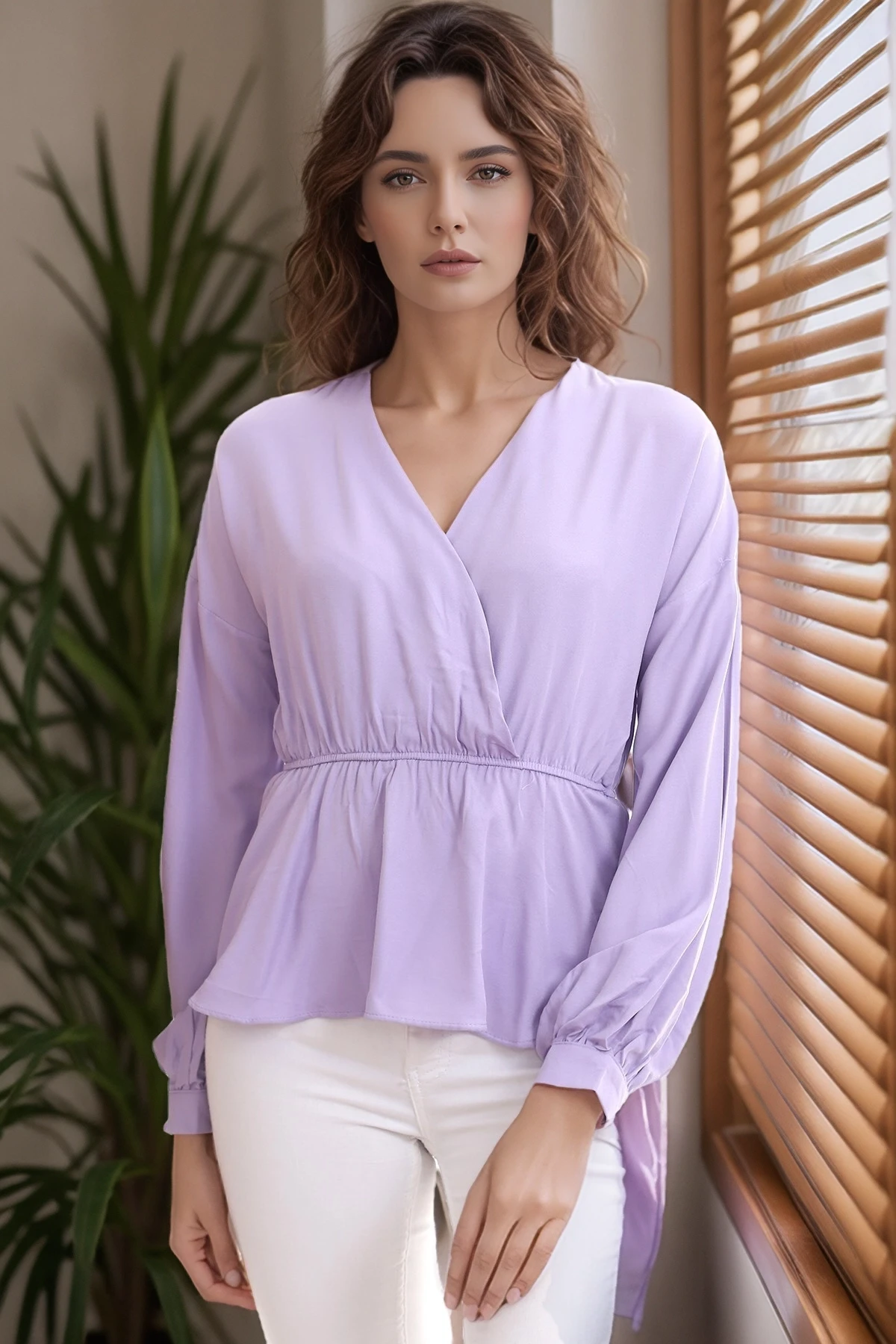 20333307 Dok.Viskon Kruvaze Yaka Uzun Kol Bluz LILA