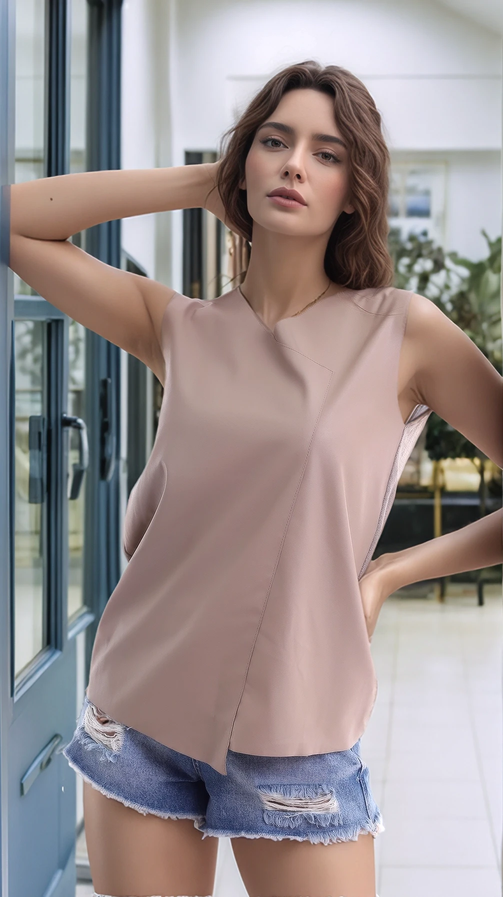 21112111 Önü Deri Arkası Triko Kolsuz Bluz VIZON