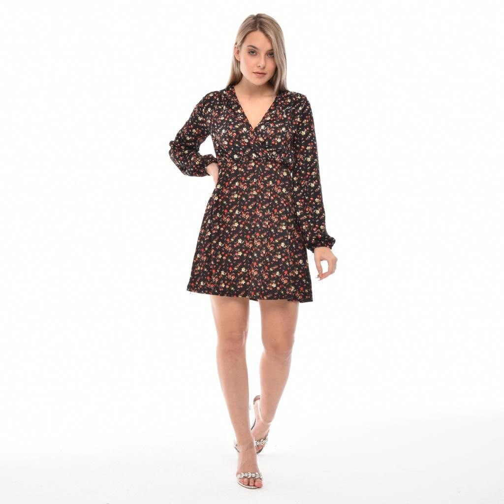 23124032 Raşel Desenli Kruvaze Yaka Uzun Kol Elbise SIYAH KIRMIZI