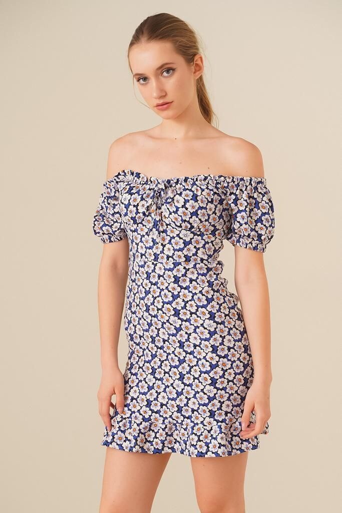 23124260 Desenli Göğüs Ortası Lastikli Kısa Kol Elbise LACI