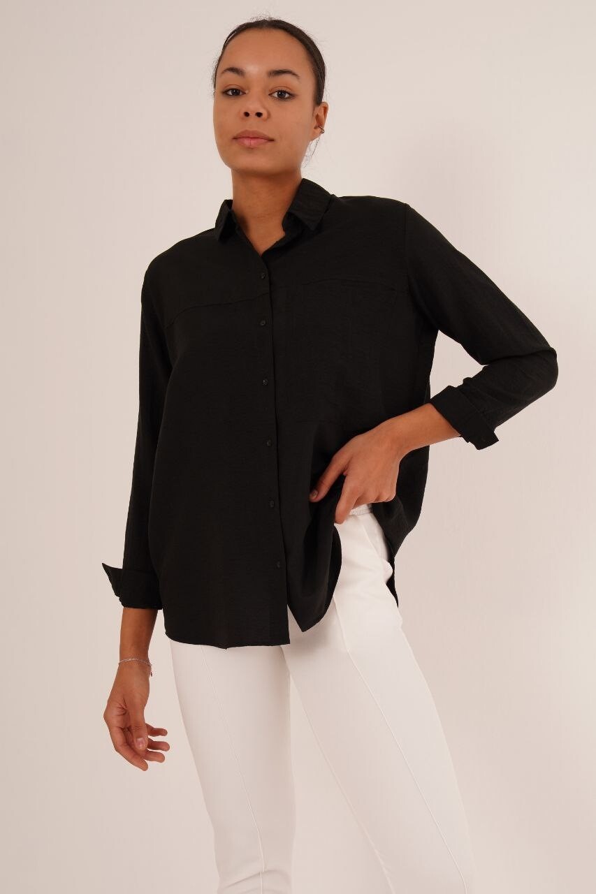 23134085 Ayrobin Robalı Tek Cepli Katlamalı Uzun Kol  Gömlek SIYAH