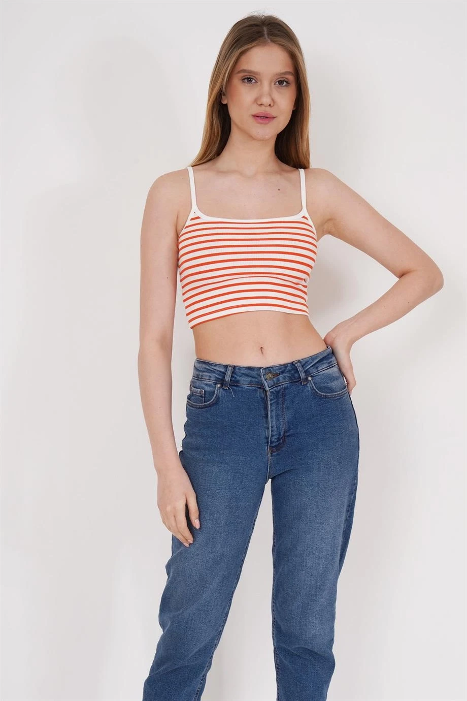 23254291 Kaşkorse İnce Askılı Çizgi Desen Crop Atlet TURUNCU