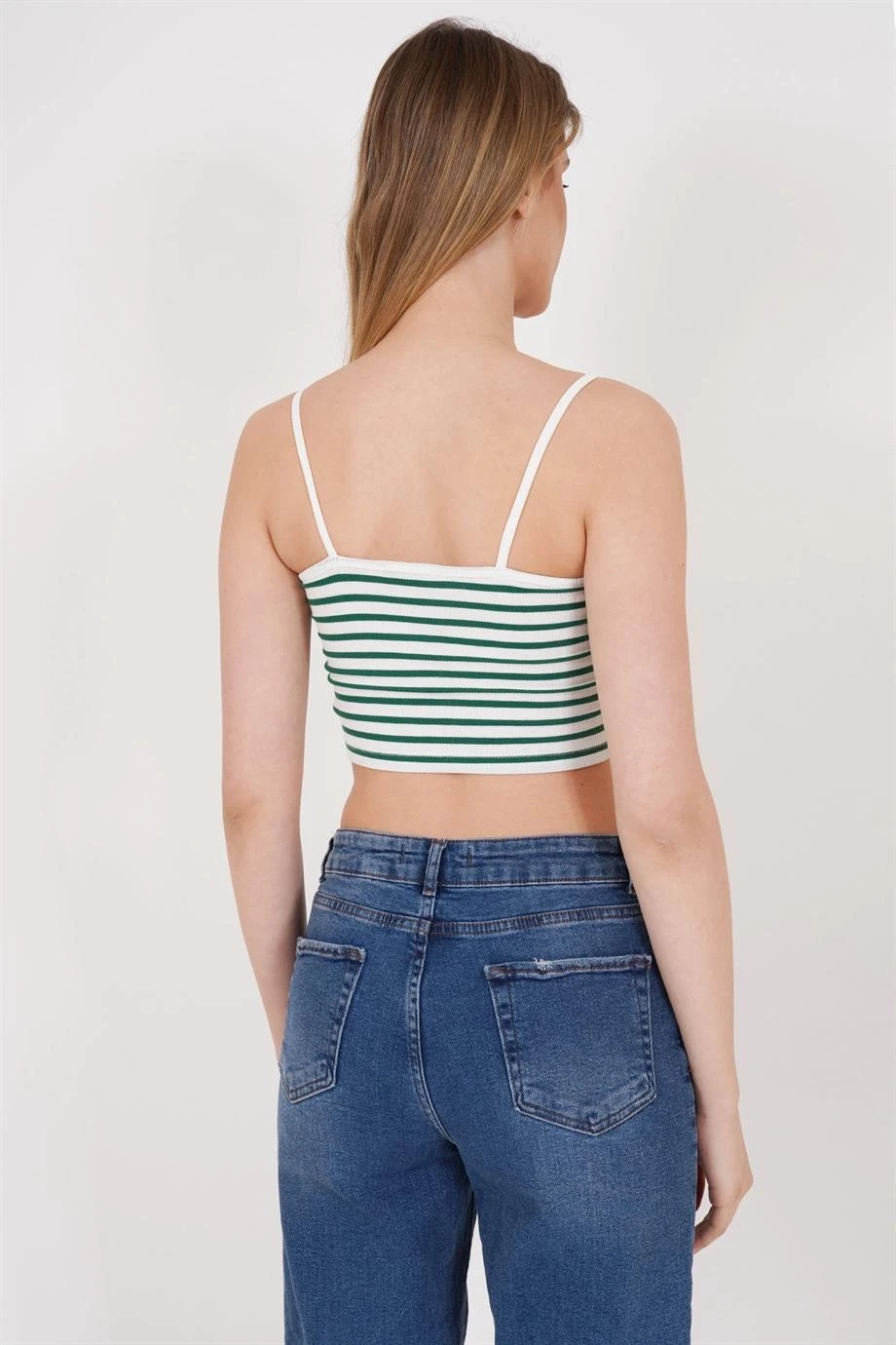 23254291 Kaşkorse İnce Askılı Çizgi Desen Crop Atlet YESIL