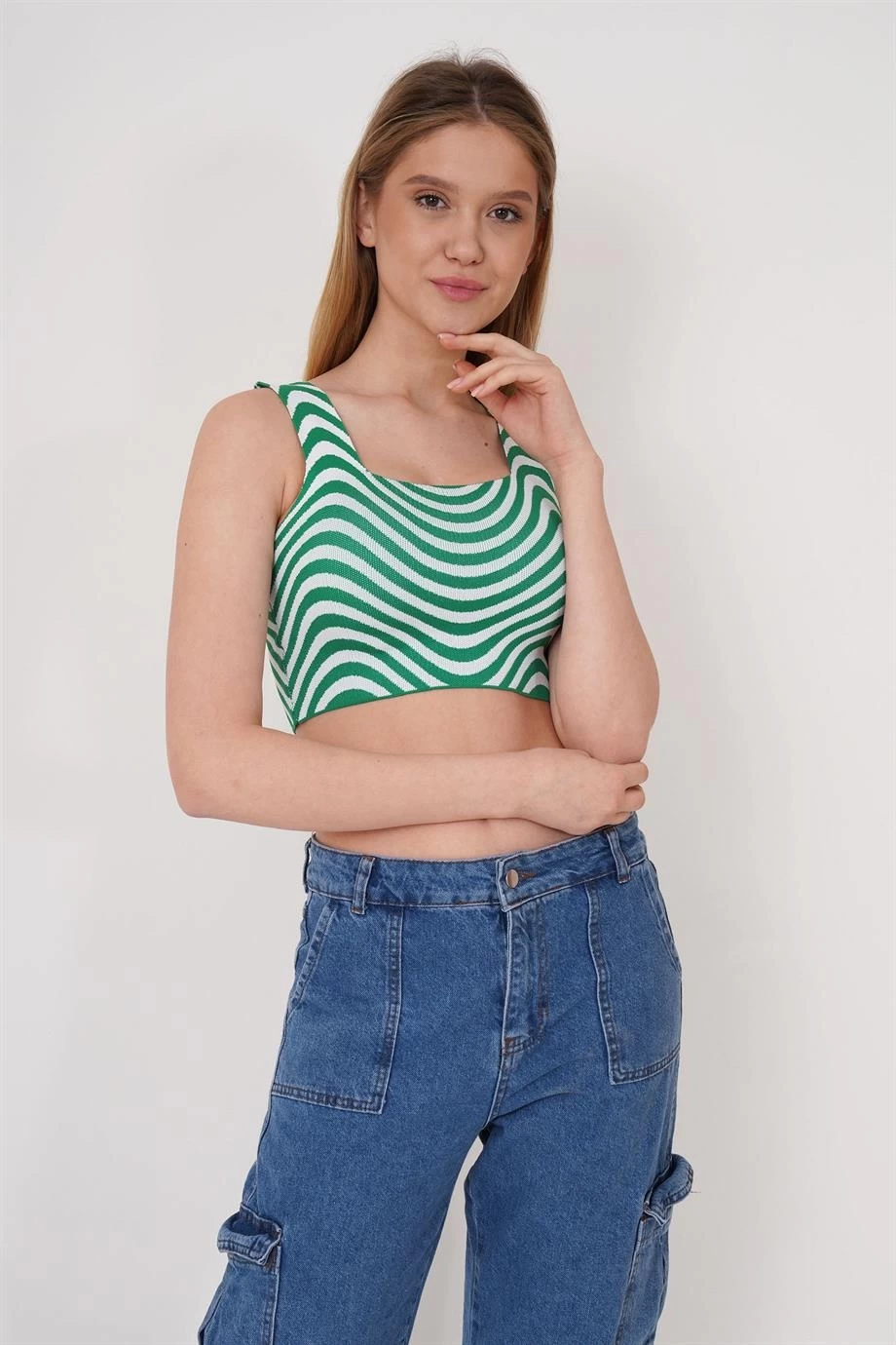 23256429 Triko Zebra Desenli Kare Yaka Crop Atlet YESIL