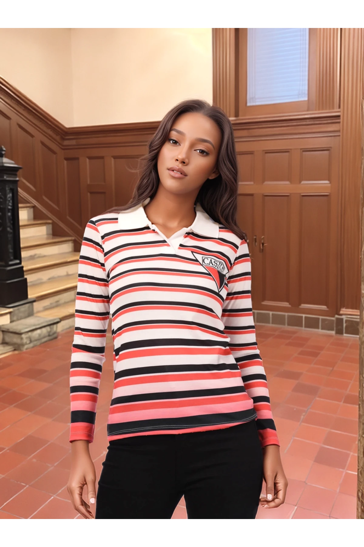 8515150 Digital Baskılı Polo Yaka Uzun Kol Bluz EKRU-MERCAN