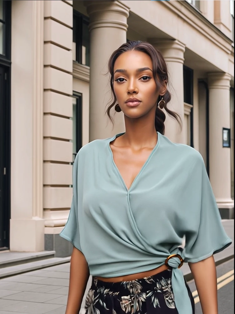 9092928 Kobe Kruvaze Yaka Yarasa Kol Bağlamalı Bluz CAGLA YESIL