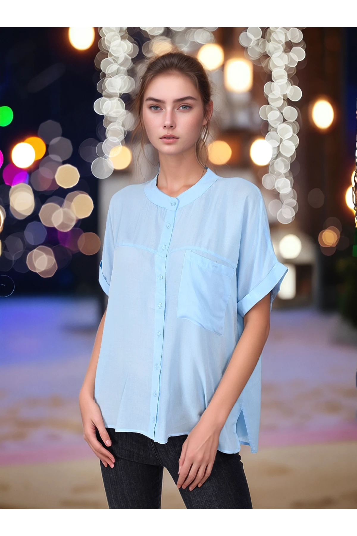 9363033 Vual Tek Cepli Hakim Yaka Yarasa Kol Gömlek MAVI