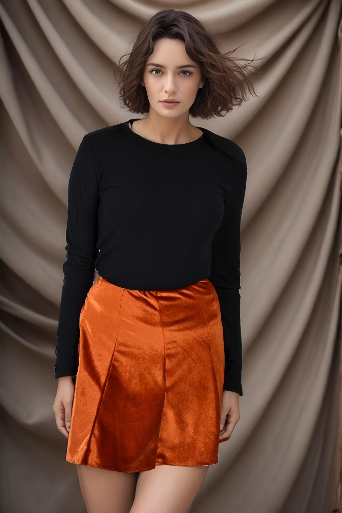 9474746 Kadife Parçalı Lastikli Kısa Etek KIREMIT