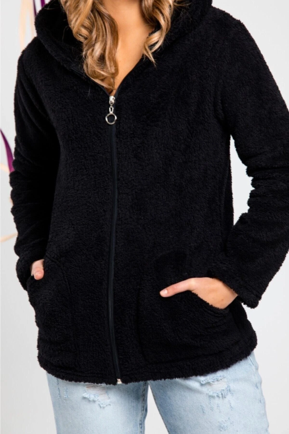 Kadın Siyah Fermuarlı Polar