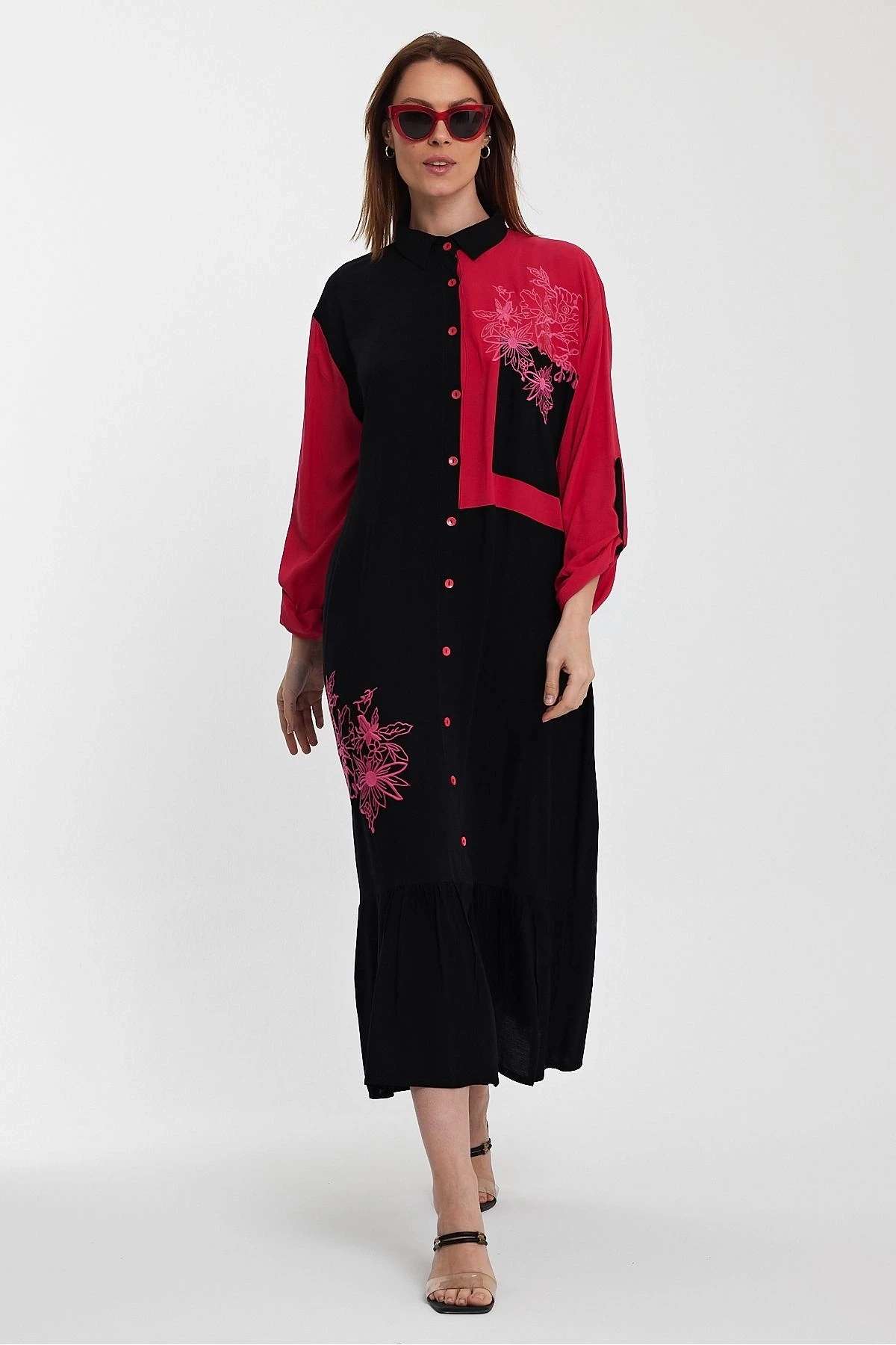 VP1000 Etnik Nakış Detaylı Kol Bağcıklı Gömlek Elbise KIRMIZI SIYAH