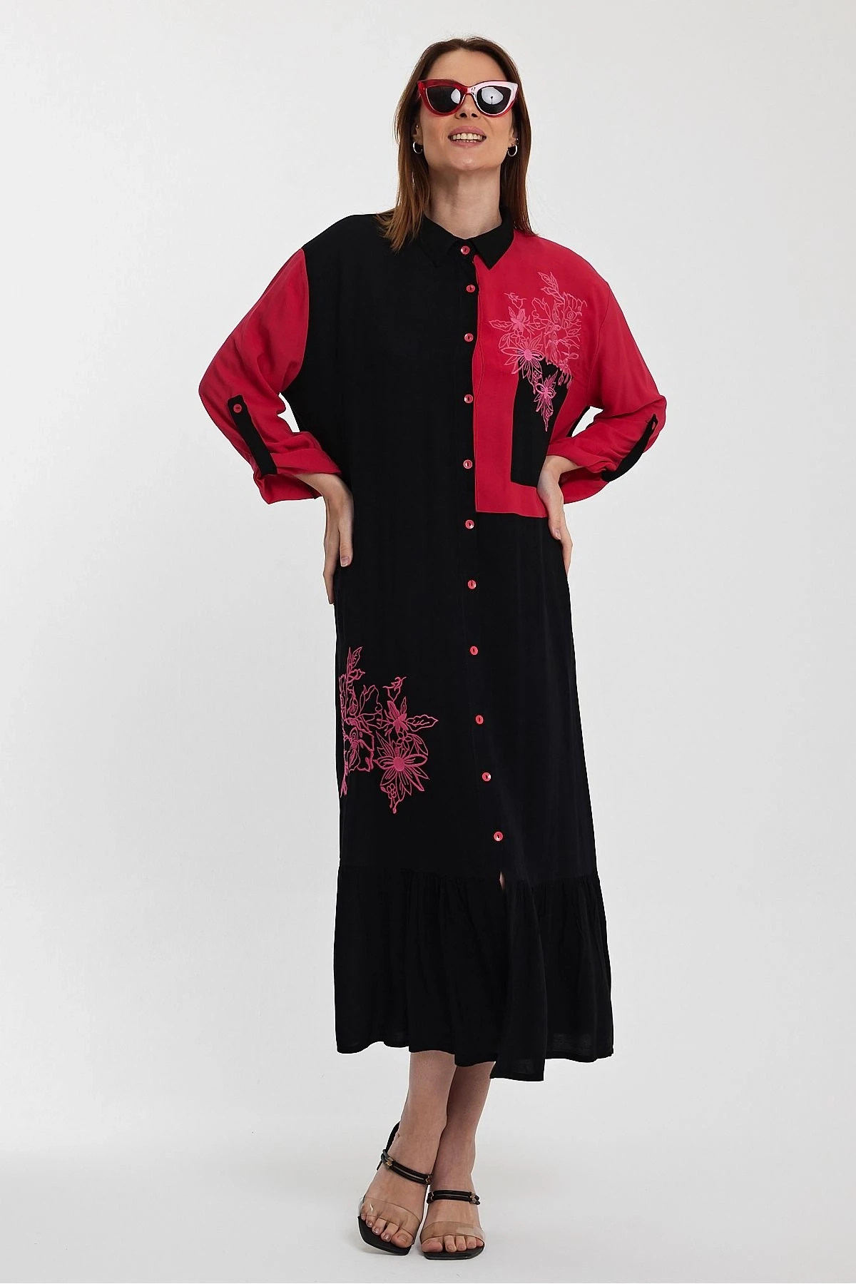 VP1000 Etnik Nakış Detaylı Kol Bağcıklı Gömlek Elbise KIRMIZI SIYAH