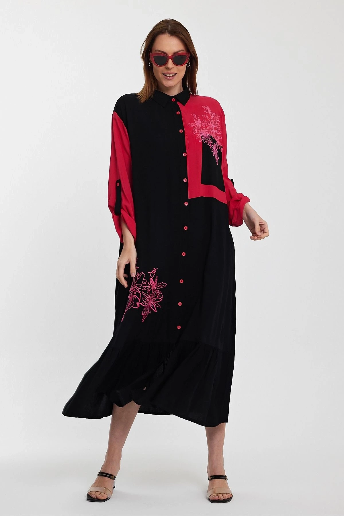 VP1000 Etnik Nakış Detaylı Kol Bağcıklı Gömlek Elbise KIRMIZI SIYAH