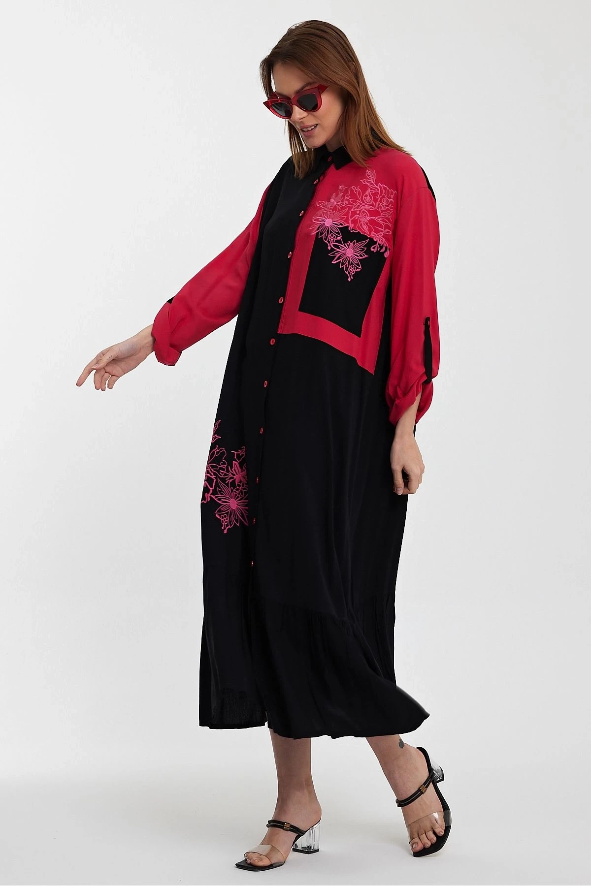 VP1000 Etnik Nakış Detaylı Kol Bağcıklı Gömlek Elbise KIRMIZI SIYAH