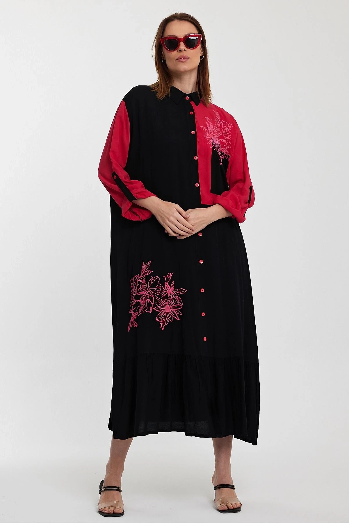 VP1000 Etnik Nakış Detaylı Kol Bağcıklı Gömlek Elbise KIRMIZI SIYAH