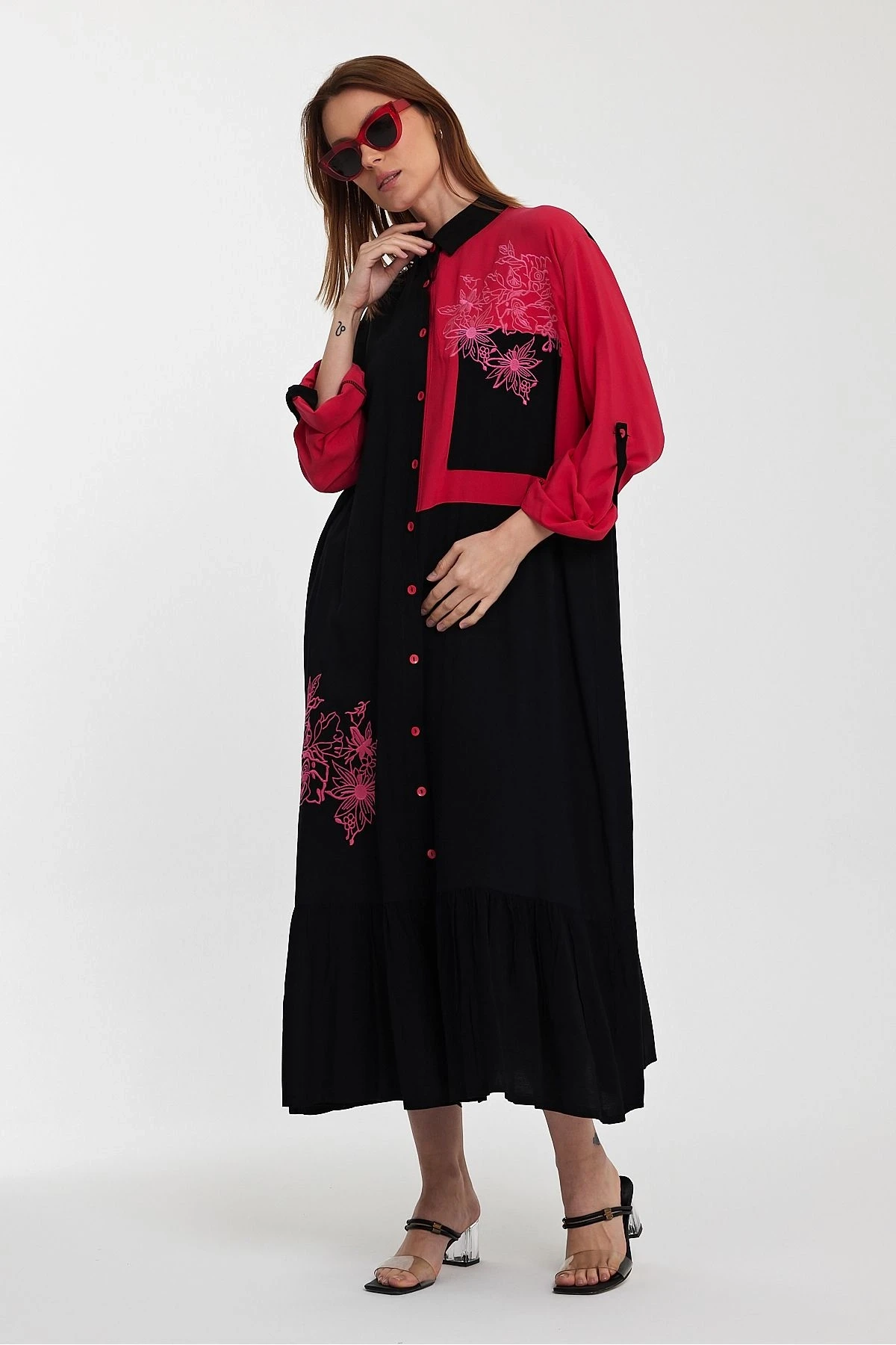 VP1000 Etnik Nakış Detaylı Kol Bağcıklı Gömlek Elbise KIRMIZI SIYAH