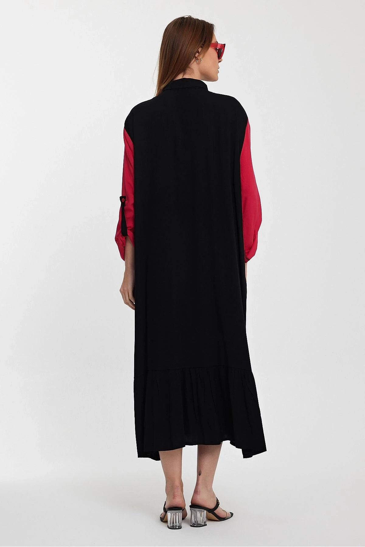 VP1000 Etnik Nakış Detaylı Kol Bağcıklı Gömlek Elbise KIRMIZI SIYAH