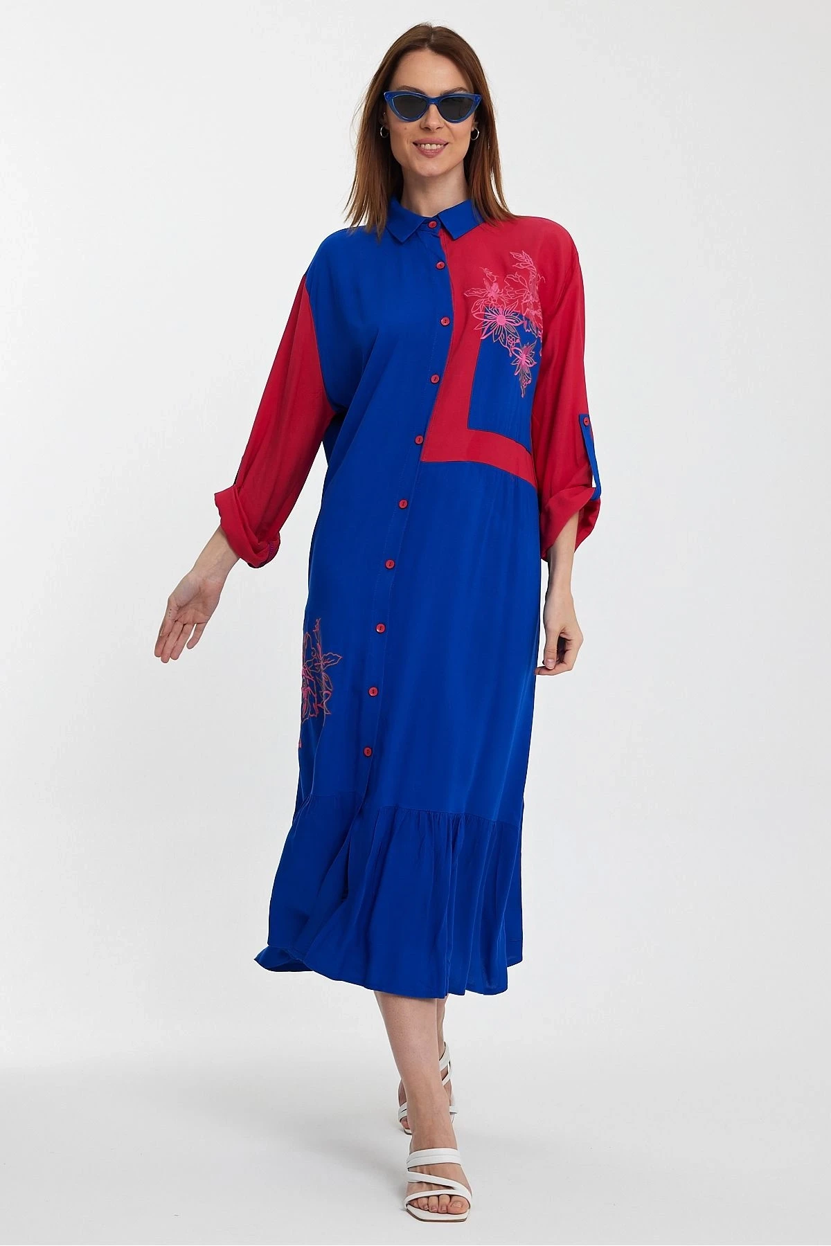 VP1000 Etnik Nakış Detaylı Kol Bağcıklı Gömlek Elbise MAVI PEMBE