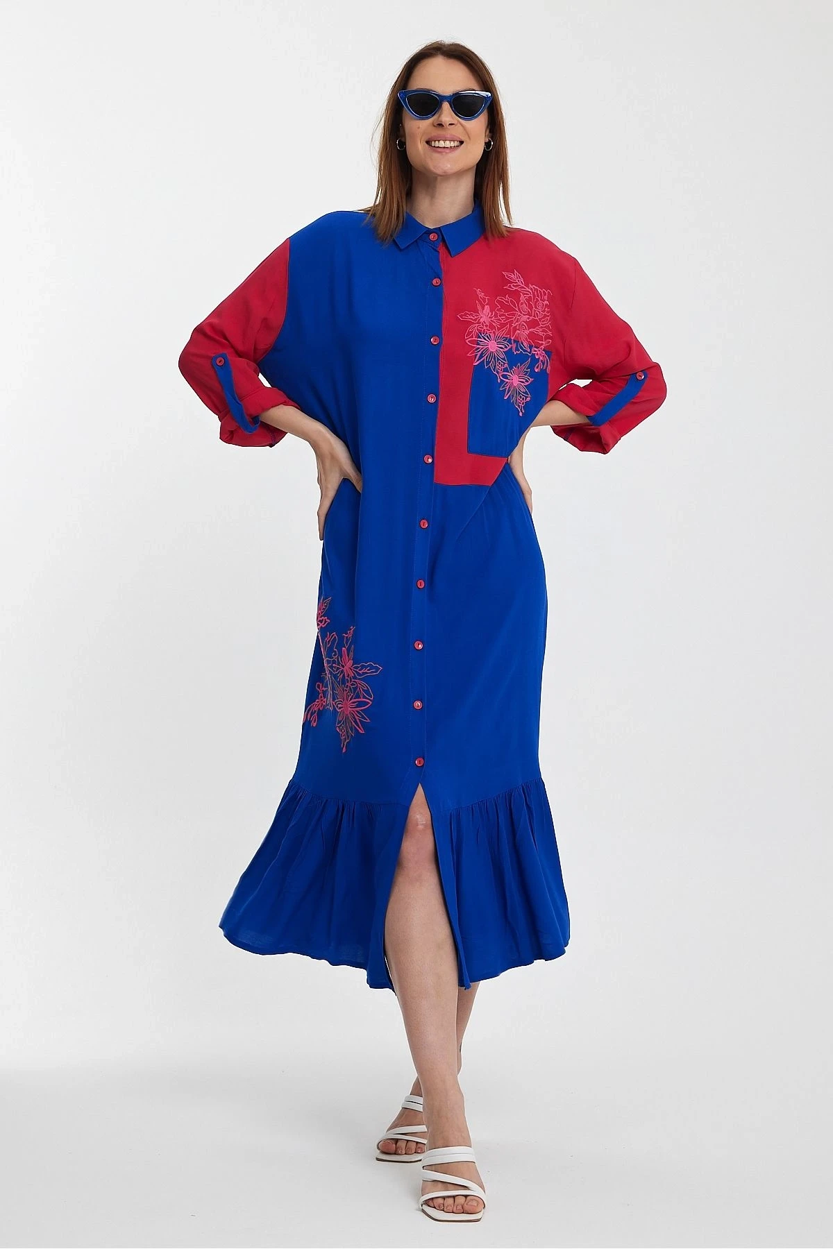 VP1000 Etnik Nakış Detaylı Kol Bağcıklı Gömlek Elbise MAVI PEMBE