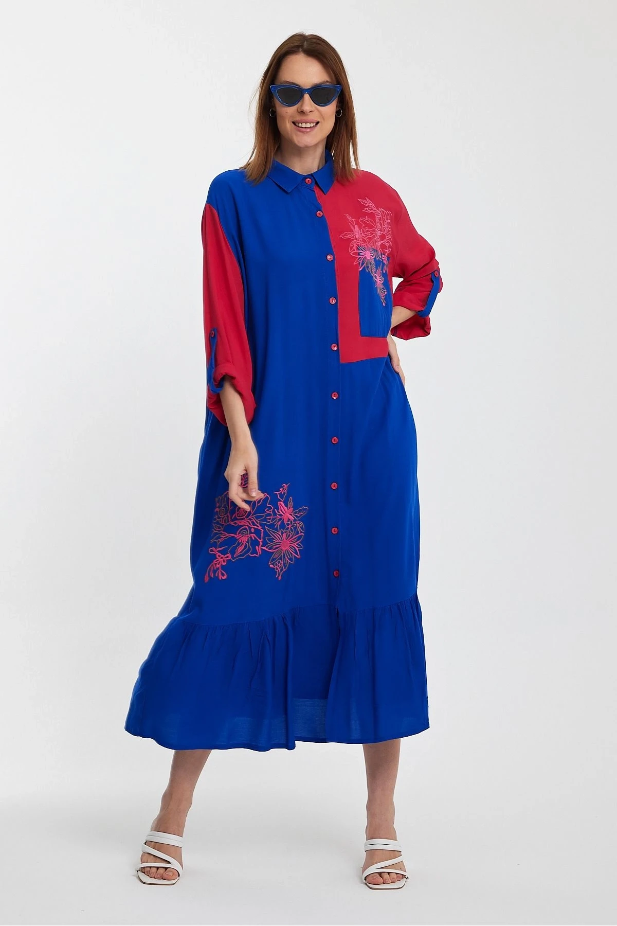 VP1000 Etnik Nakış Detaylı Kol Bağcıklı Gömlek Elbise MAVI PEMBE
