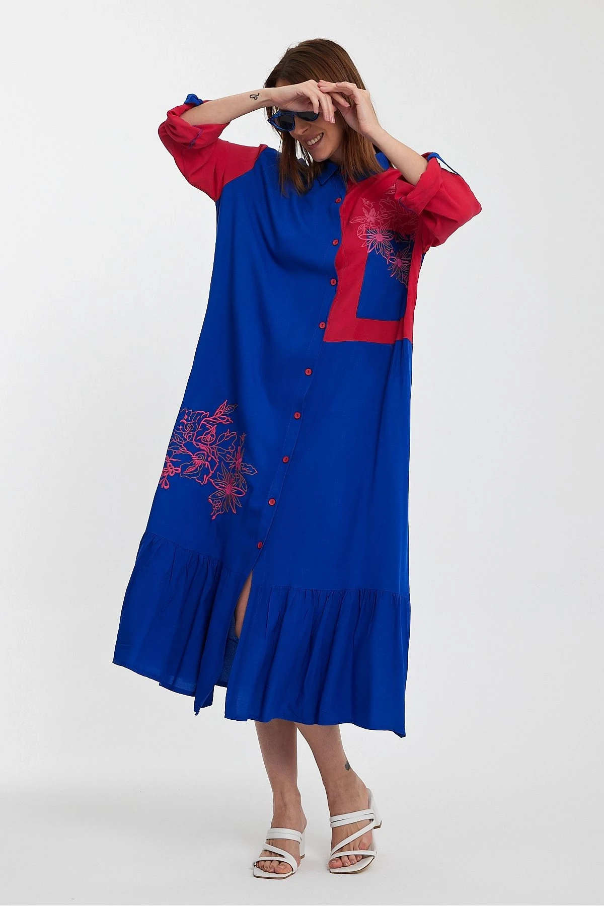 VP1000 Etnik Nakış Detaylı Kol Bağcıklı Gömlek Elbise MAVI PEMBE
