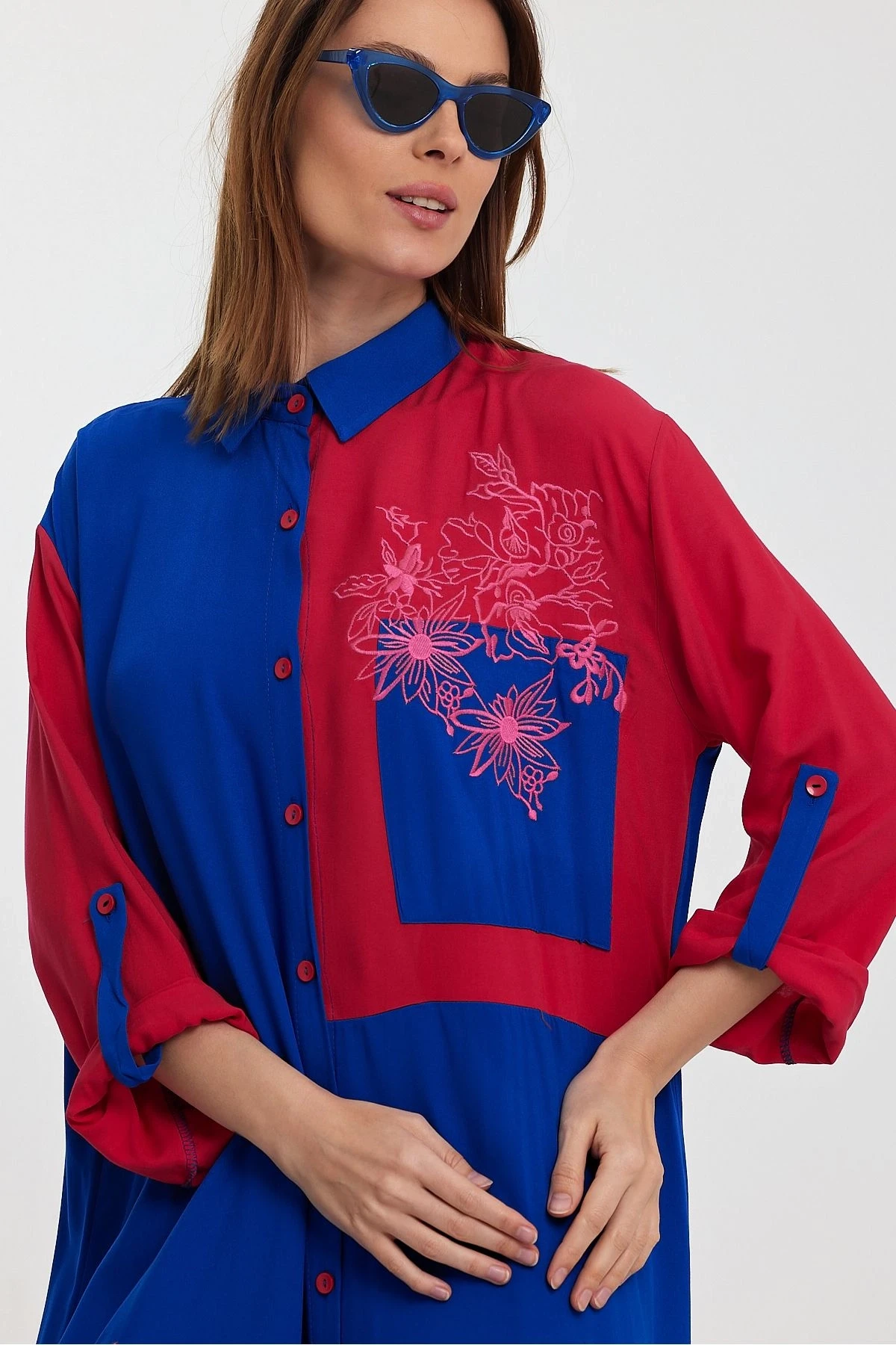 VP1000 Etnik Nakış Detaylı Kol Bağcıklı Gömlek Elbise MAVI PEMBE