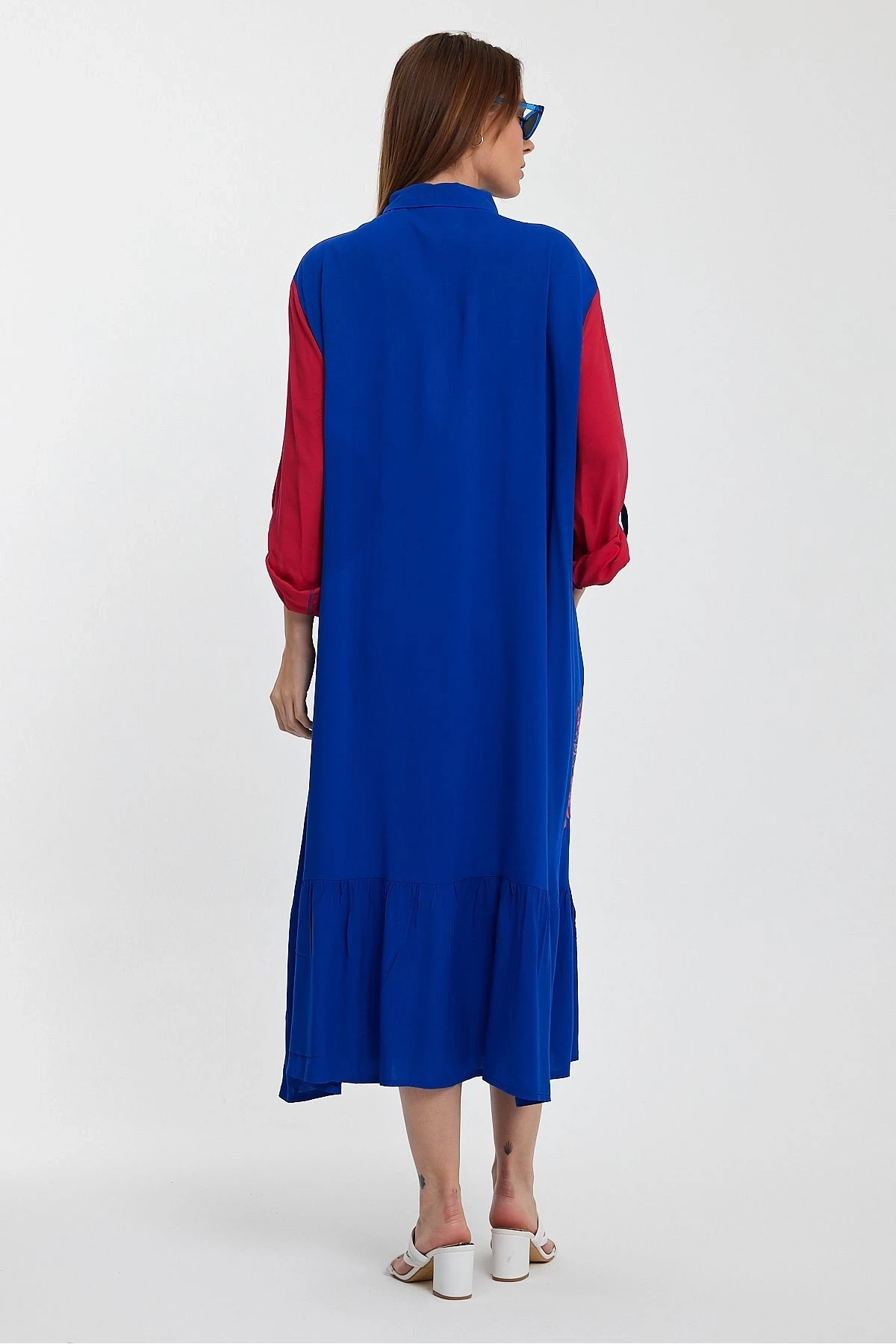 VP1000 Etnik Nakış Detaylı Kol Bağcıklı Gömlek Elbise MAVI PEMBE