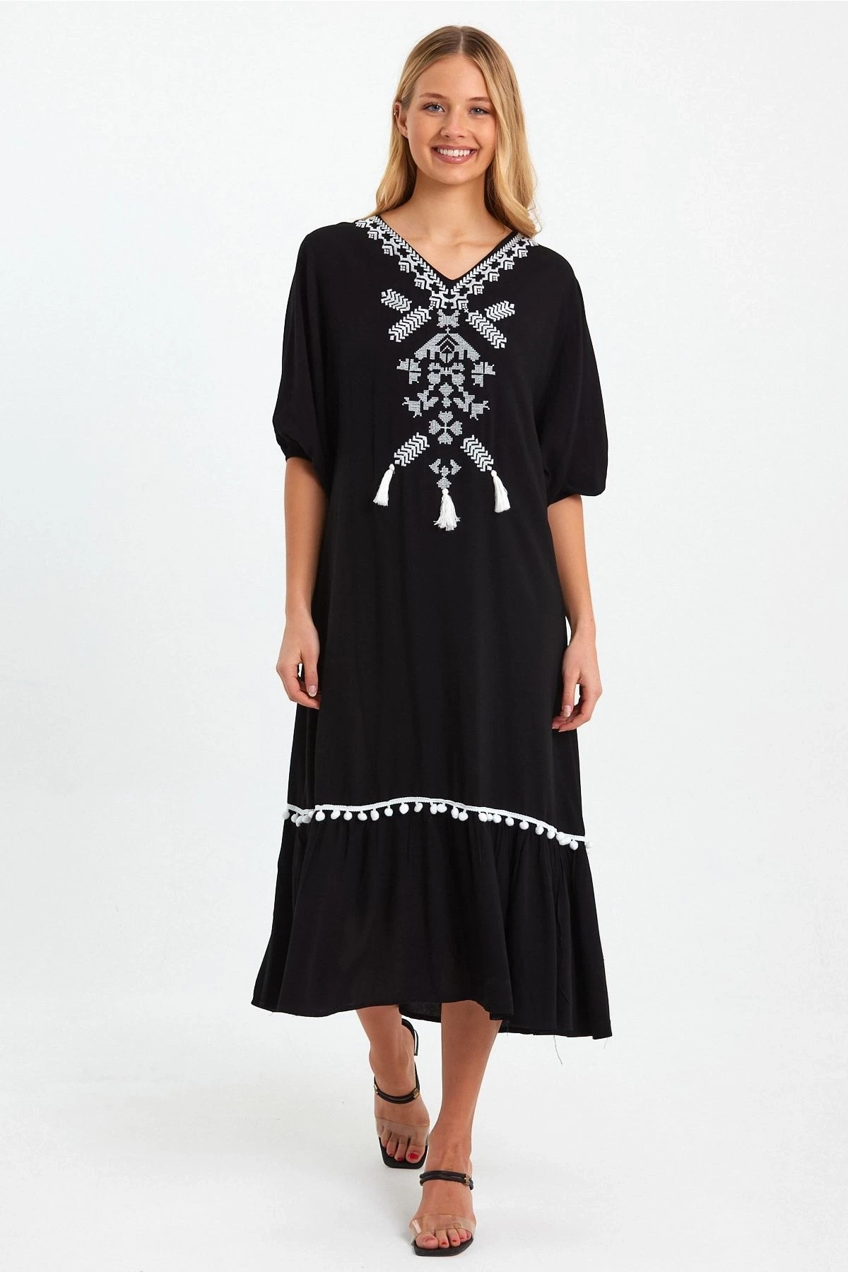 VP8165 Nakış Detaylı Püsküllü Balon Kol Elbise SIYAH