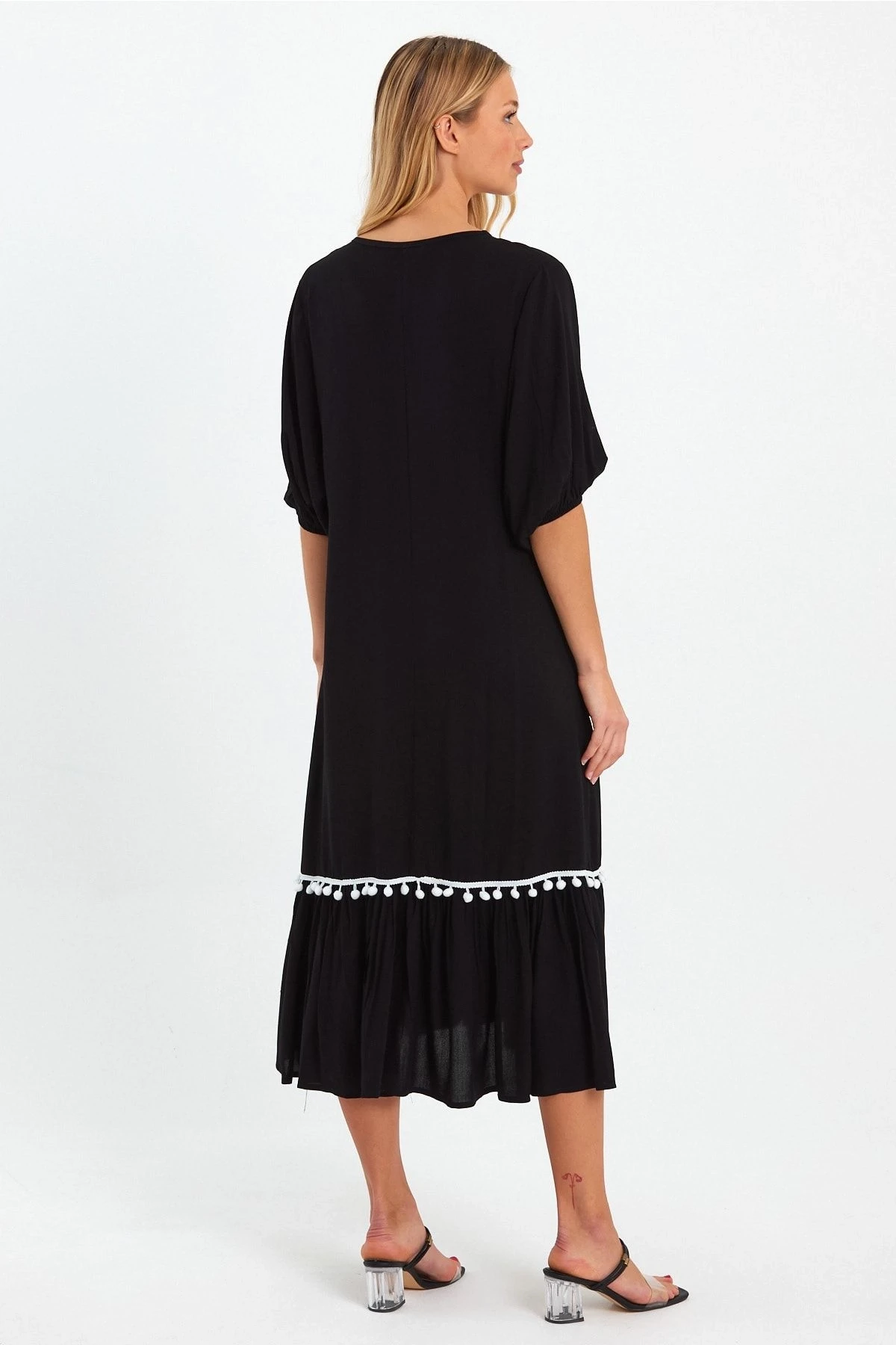 VP8165 Nakış Detaylı Püsküllü Balon Kol Elbise SIYAH