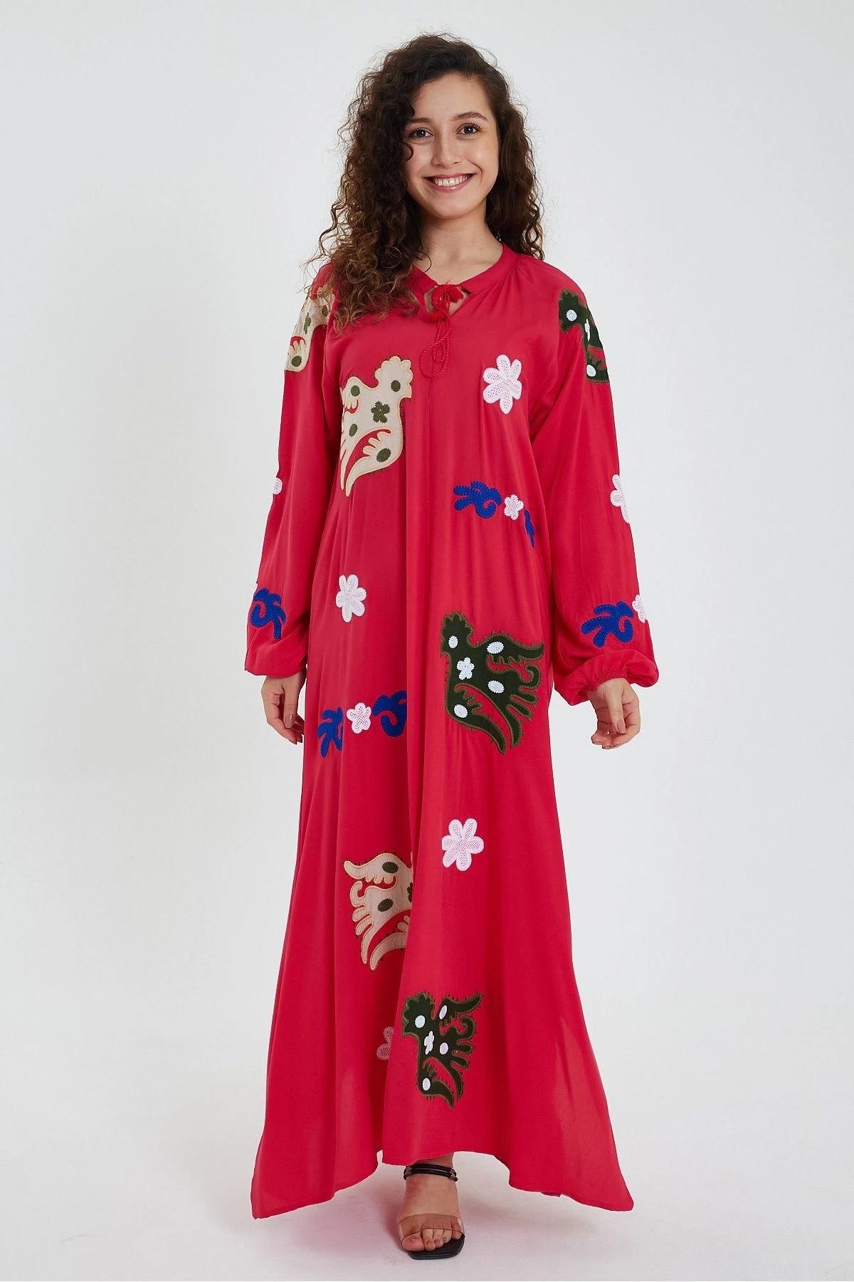 VP915 Uzun Kol Aplike Detaylı Uzun Viskon Elbise PEMBE