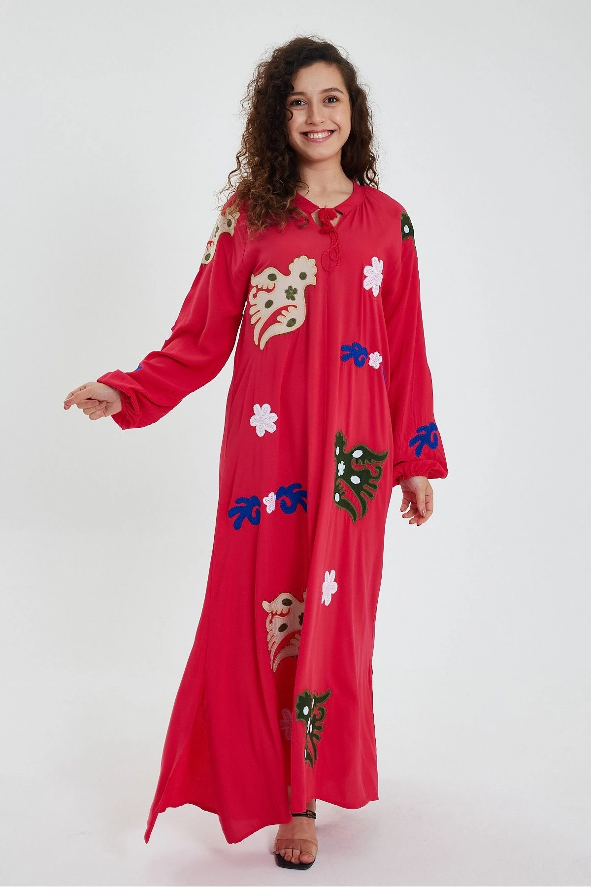 VP915 Uzun Kol Aplike Detaylı Uzun Viskon Elbise PEMBE