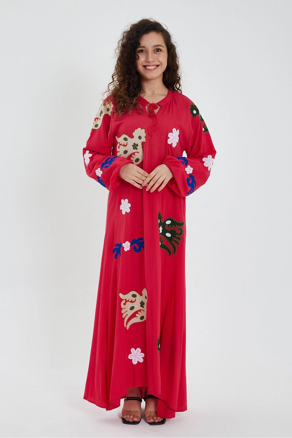 VP915 Uzun Kol Aplike Detaylı Uzun Viskon Elbise PEMBE