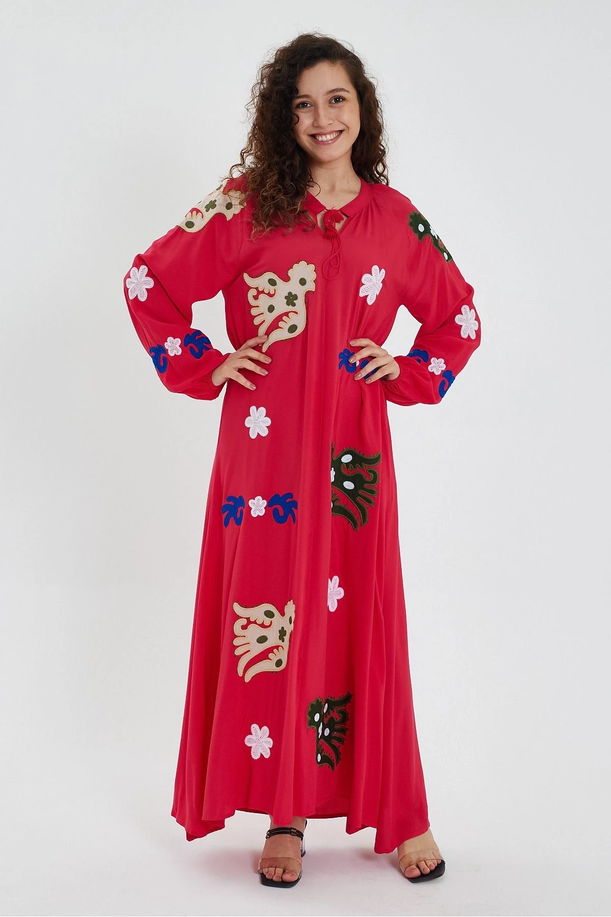 VP915 Uzun Kol Aplike Detaylı Uzun Viskon Elbise PEMBE