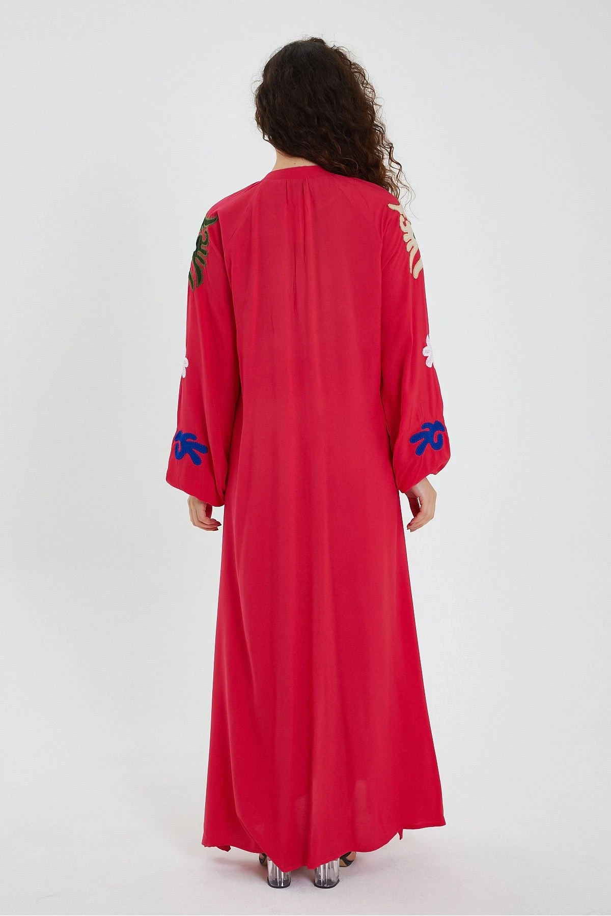 VP915 Uzun Kol Aplike Detaylı Uzun Viskon Elbise PEMBE