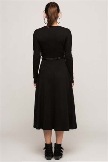 7372368 Eteği Volanlı Kemerli Uzun Elbise SIYAH