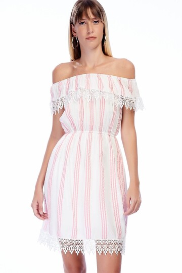 82909461 Şile Bezi İnce Çizgi Desen Madonna Yaka Kısa Elbise EKRU PEMBE