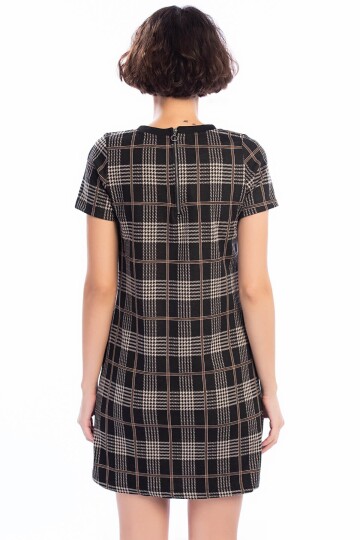 8402773 Jakarlı Ekose Desenli Sırtı Fermuarlı Elbise SIYAH-BEJ EKOSE