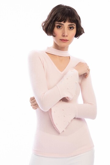 8490978 Yumoş Pencereli Kolu Volanlı İncili Bluz PUDRA