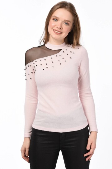 8490986 Yumoş Tek Omuzu Tül İncili Bluz PUDRA