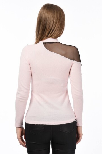 8490986 Yumoş Tek Omuzu Tül İncili Bluz PUDRA