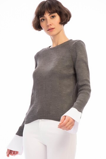 8506003 İnce Fitilli Kaşkorse Manşeti Garnili Uzun Kol Bluz FUME