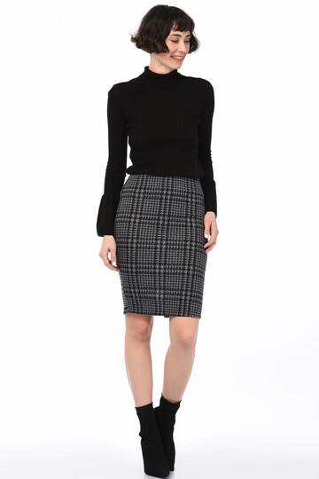 8515175 Kaz Ayağı Desenli Beli Lastikli Yırtmaçlı Kalem Etek FUME